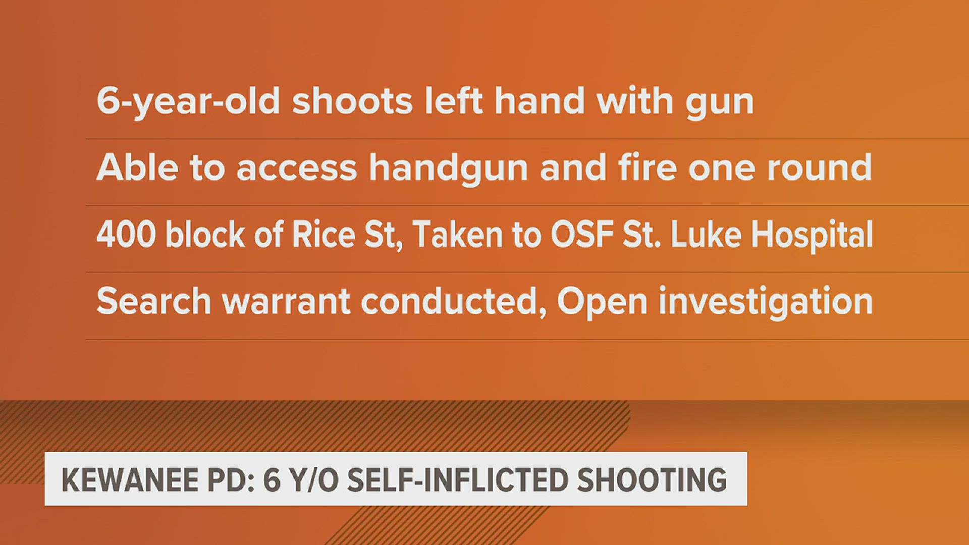 A 6-year-old child is in the hospital after obtaining a gun, resulting in a gunshot wound to their hand. Kewanee police are still investigating the incident.